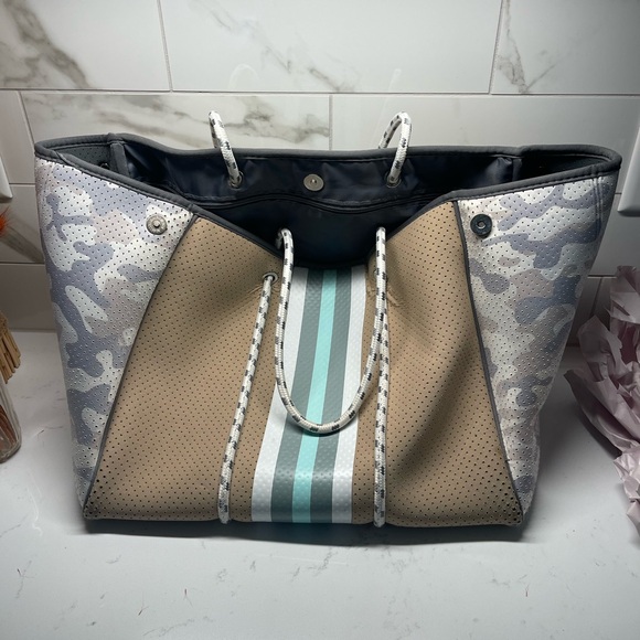 Brown and Gray Perforated Tote Bag with Pouch - Picture 6 of 9